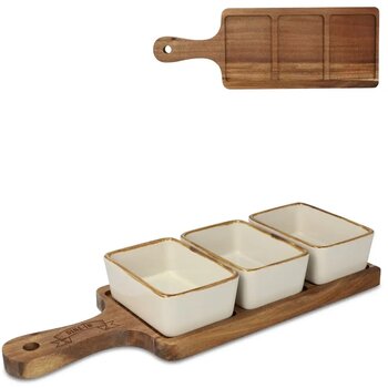 InSideOut houten serveerplank met 3 keramische schaaltjes ecru InSideOut houten serveerplank met 3 keramische schaaltjes ecru