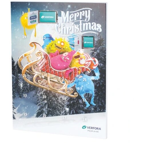 Adventskalender A3 tot in full colour bedrukt + chocolaatjes met bedrukte sleeve custom made