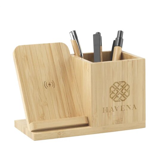 Bamboo Penhouder Met Draadloze Oplader Bruin