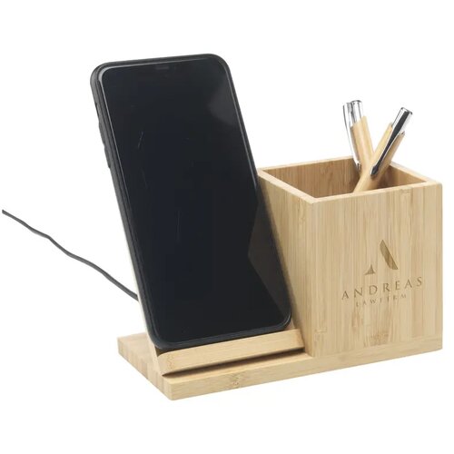 Bamboo Penhouder Met Draadloze Oplader Bruin