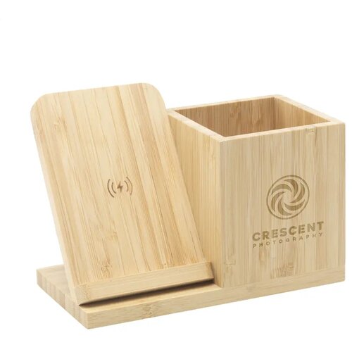 Bamboo Penhouder Met Draadloze Oplader Bruin