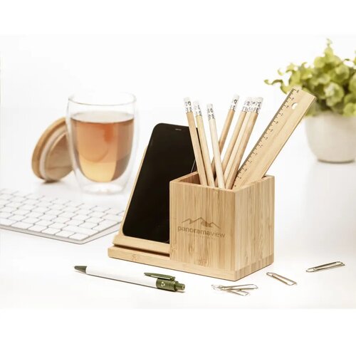 Bamboo Penhouder Met Draadloze Oplader Bruin